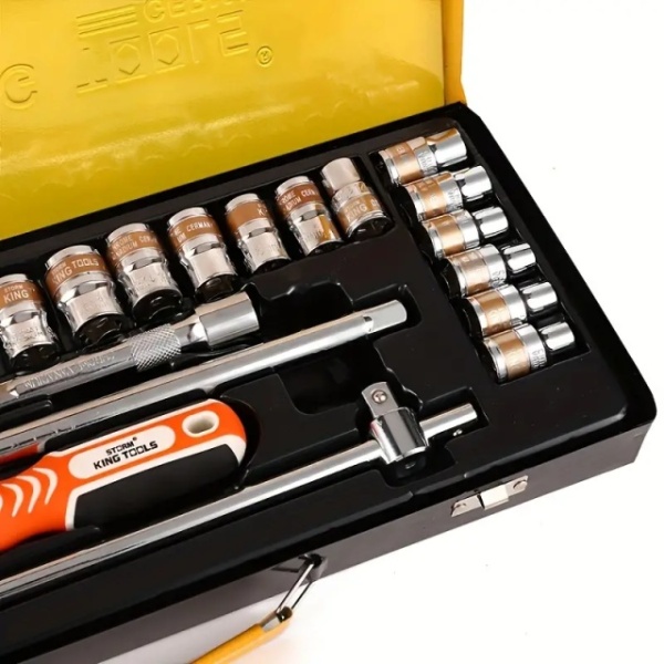 KING TOOLS Profesionalni set od 24 dela sa 1/2 račnom, nastavcima i šestougaonim nasadnim ključevima od kaljenog Hrom-Vanadijum čelika industrijskog kvaliteta u metalnom koferu - Img 2