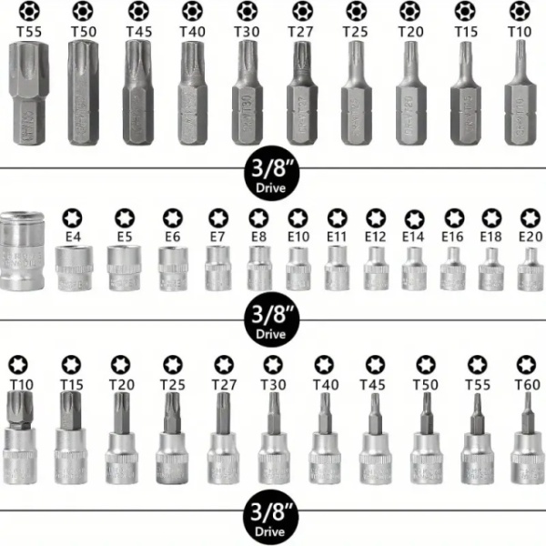 Profesionalni set od 34 komada Torx i E-Torx zvezdastih nastavaka od Hrom-Vanadijum čelika industrijskog kvaliteta - Img 5