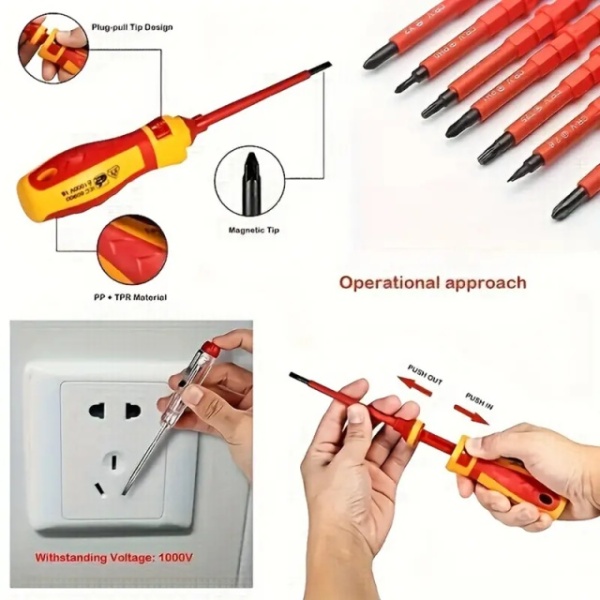 ALWORKKIT set od 13 delova izolovanih šrafcigera odvijača sa zaštitom od 1000V, magnetnim vrhovima i ergonomskim drškama sa glinericom - Industrijski standard kvaliteta za električare - Img 5