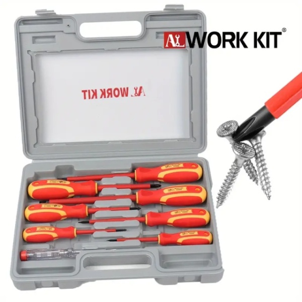 ALWORKKIT set od 7+1 izolovanih šrafcigera odvijača sa zaštitom od 1000V, magnetnim vrhovima i ergonomskim drškama sa glinericom - Industrijski standard kvaliteta za električare - Img 4