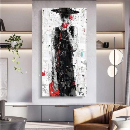 Black lady with red phone, uramljena slika 50x100cm - Img 2