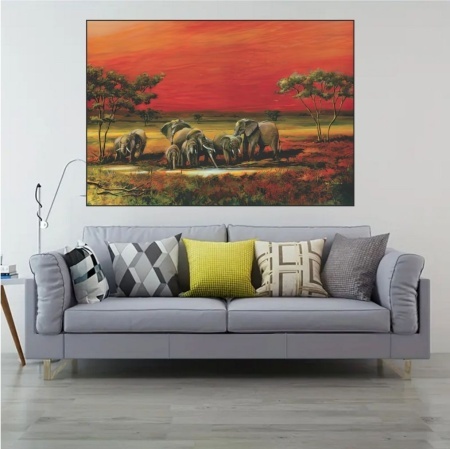 Elephants in Mali, uramljena slika 70x100cm - Img 3