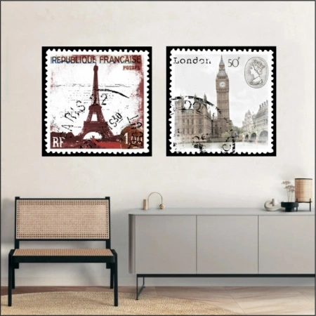 Old stamps, komplet od dve uramljene slike 40x40cm svaka - Img 2