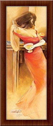 Dama u crvenoj haljini, uramljena slika 30 x 70 cm