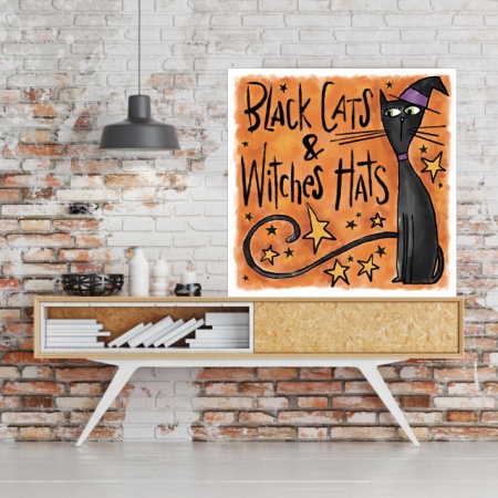 Black cats and witches hats, uramljena slika dimenzije 50x50cm - Img 2