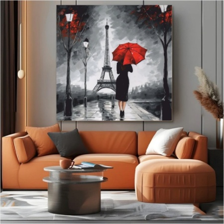 Pariz crveni kisobran , uramljena slika 50x50cm - Img 2