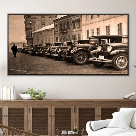 Stari Beograd, taxi ispred hotela Srpski Kralj, 1920., uramljena slika 50x100cm - Img 2