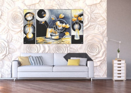 Žuto cveće triptih, uramljena slika 120x70cm ukupno - Img 2
