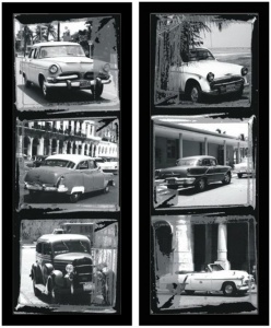Crno bele slike starih automobila, dve uramljene slike 40x80cm svaka