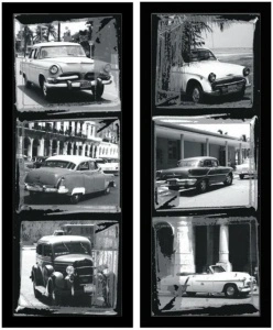 Crno bele slike starih automobila, dve uramljene slike 40x80cm svaka
