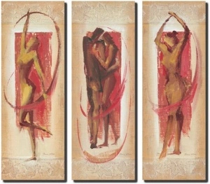 Triptih crvenih figura, 3 uramljene slike 30x70cm svaka