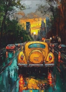 Stari zuti auto, uramljena slika 40x50cm ,50x70cm i 60x90cm