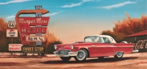 Old red car route 66 No 1, uramljena slika 30x70cm