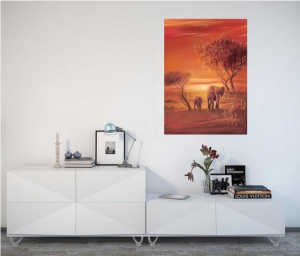 Sunset with elephants, uramljena slika 50x70cm - Img 2