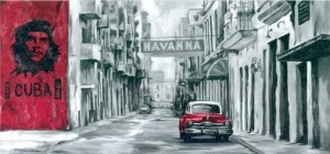 Cuban old car, uramljena slika 30x70cm