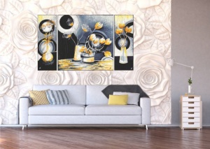 Žuto cveće triptih, uramljena slika 120x70cm ukupno - Img 2
