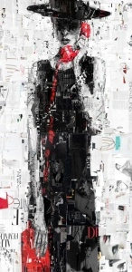 Black lady with red phone, uramljena slika 50x100cm
