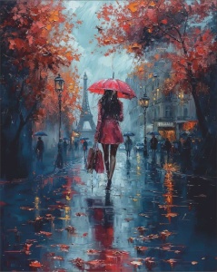 Devojka sa crvenim kisobranom, uramljena slika 40x50cm ,50x70cm i 60x90cm