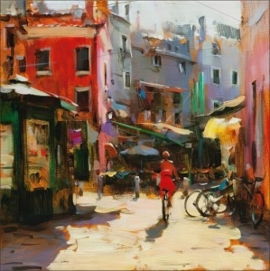 Zena na bicikli, uramljena slika 50x50cm