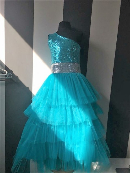 Beautiful tulle ruffles and shimmering girls turquoise dress - Img 3
