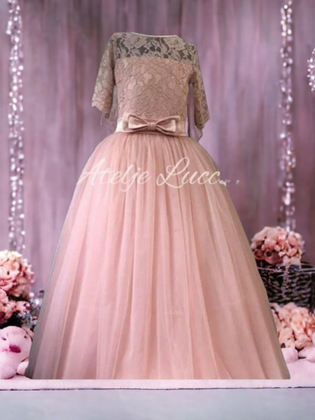 Powder rose dress with lace and satin bow