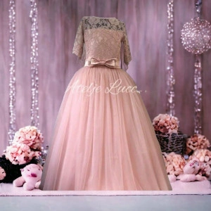 Powder rose dress with lace and satin bow