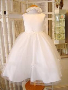 Girls white tulle and satin dress with small rose details