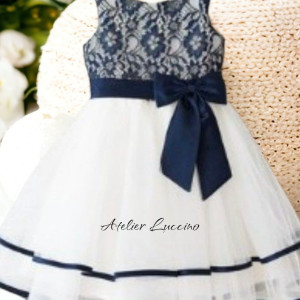 Svecana haljina za devojcice sa plavom cipkom i trakama na tilu