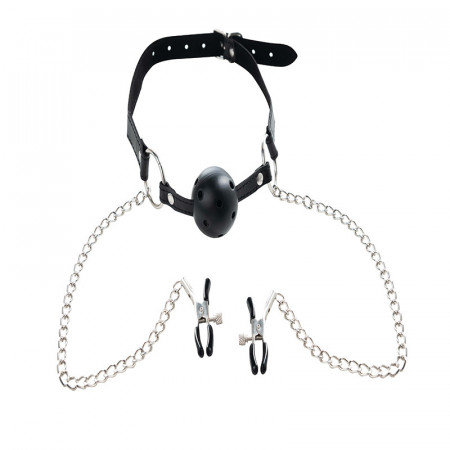 Kugla za usta i stipaljke za bradavice | Breathable Ball Gag with Nipple Clamps