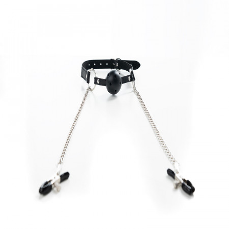 Kugla za usta i stipaljke za bradavice | Breathable Ball Gag with Nipple Clamps