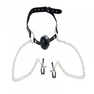 Kugla za usta i stipaljke za bradavice | Breathable Ball Gag with Nipple Clamps