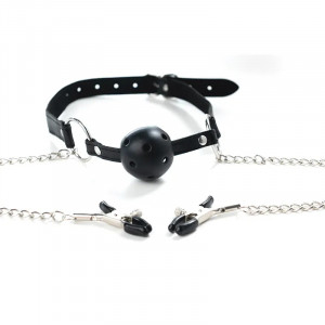 Kugla za usta i stipaljke za bradavice | Breathable Ball Gag with Nipple Clamps