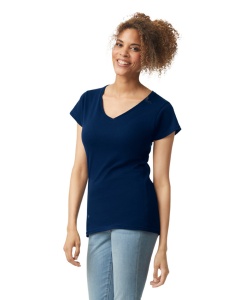 Tricou bumbac dama v-neck albastru inchis navy Gildan softstyle 64v00l