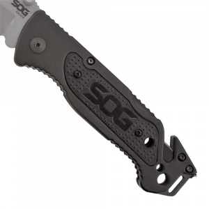 Cutit de salvare SOG Escape Bead Blasted FF24-CP, lama 9Cr18MoV, Lockback, cutter centura, spargator geam, Rescue Knife - Img 4
