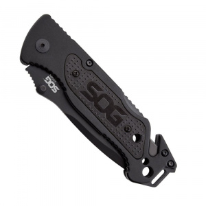 Cutit de salvare SOG Escape Black FF25-CP, lama 9Cr18MoV Black TiNi, Lockback, cutter centura, spargator geam, Rescue Knife - Img 5