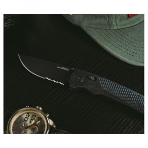 Cutit pliabil SOG Flash AT Blackout Serrated 11-18-02-41, lama Drop Point partial zimtata CRYO D2 Black TiNi, deschidere asistata S.A.T., AT-XR Lock, maner GRN Black - Img 10