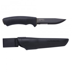 Cutit Bushcraft BlackBlade SRT (S) cu lama partial dintata, otel inoxidabil Suedez 12C27, acoperire DLC, Morakniv
