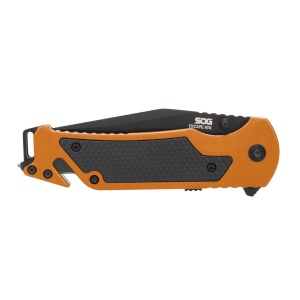 Cutit pliabil SOG Escape 2.0 Hi Viz Orange 11-52-02-43, lama Clip Point AUS-8 partial zimtata, taietor centura, spargator geam, maner aluminiu - Img 8