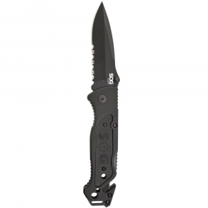 Cutit de salvare SOG Escape Black FF25-CP, lama 9Cr18MoV Black TiNi, Lockback, cutter centura, spargator geam, Rescue Knife - Img 7