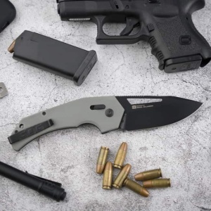 Cutit pliabil SOG Prohen XR Gray Black 12-25-03-57, lama Drop Point CRYO D2 Stonewashed, XR Lock, deschidere Flipper, maner G10 Gray & Black, EDC Tactical - Img 7