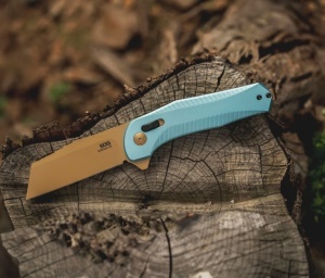 Cutit pliabil SOG Diverge XR Sheepsfoot Light Blue Gold 12-02-02-43, lama Sheepsfoot D2 Stonewashed Gold, XR Lock, deschidere Flipper, maner GRN Light Blue & Gold, EDC Outdoor - Img 9