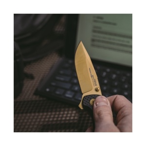 Cutit pliabil SOG Terminus XR LTE Gold TM1033-BX, lama Drop Point CPM S35VN TiNi Gold, XR Lock, Flipper, maner Carbon Fiber, EDC Premium - Img 7