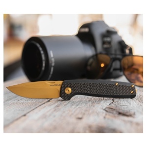 Cutit pliabil SOG Terminus SJ LTE Carbon Gold TM1007-BX, lama Drop Point CPM S35VN TiNi Gold, Slip Joint, Nail Nick, maner Carbon Fiber, EDC Premium - Img 10