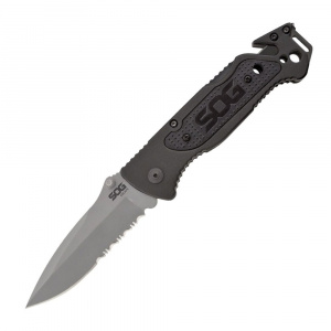 Cutit de salvare SOG Escape Bead Blasted FF24-CP, lama 9Cr18MoV, Lockback, cutter centura, spargator geam, Rescue Knife - Img 2
