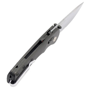Cutit pliabil SOG Flash AT Satin Black Serrated 11-18-15-41, lama Drop Point CRYO D2 partial zimtata, deschidere asistata, AT-XR Lock, maner GRN negru, EDC Premium