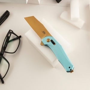 Cutit pliabil SOG Diverge XR Sheepsfoot Light Blue Gold 12-02-02-43, lama Sheepsfoot D2 Stonewashed Gold, XR Lock, deschidere Flipper, maner GRN Light Blue & Gold, EDC Outdoor - Img 10