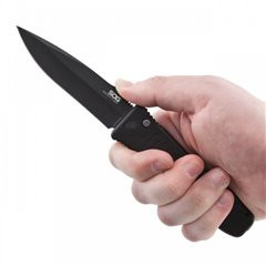 Cutit pliabil SOG Flash AT Blackout Serrated 11-18-02-41, lama Drop Point partial zimtata CRYO D2 Black TiNi, deschidere asistata S.A.T., AT-XR Lock, maner GRN Black - Img 2