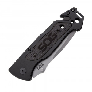 Cutit de salvare SOG Escape Bead Blasted FF24-CP, lama 9Cr18MoV, Lockback, cutter centura, spargator geam, Rescue Knife - Img 9