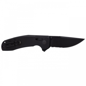 Cutit pliabil SOG-TAC XR Blackout Serrated 12-38-03-41, lama Clip Point CRYO D2 Black TiNi Partial Serrated, XR Lock, Flipper, Thumb Stud, maner G10 Black, EDC Tactical - Img 3