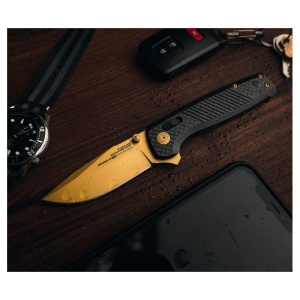 Cutit pliabil SOG Terminus XR LTE Gold TM1033-BX, lama Drop Point CPM S35VN TiNi Gold, XR Lock, Flipper, maner Carbon Fiber, EDC Premium - Img 11